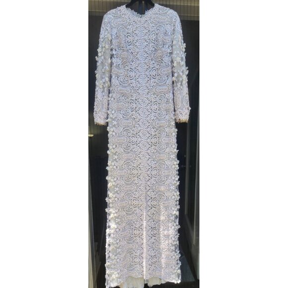 Gemy Maalouf Lace Evening Gown Light Grey Embroidered Long Sleeve Slit Front 12 - Picture 2 of 16
